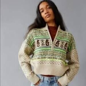 BDG Chill Stay Chill Fair Isle Cropped Sweater Beige/Brown/Neon Half-Zip Knit S